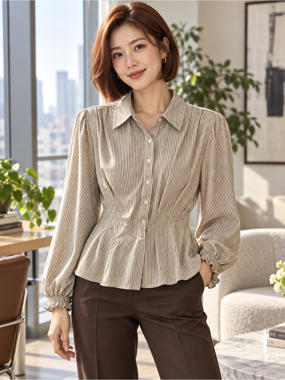 Max Studio London Brown Pinstripe Smocked Peplum Blouse Size S